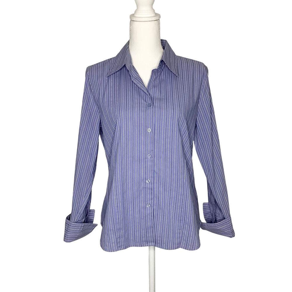 Worthington Stretch Easy Care Blue White Striped Button Down Top 10